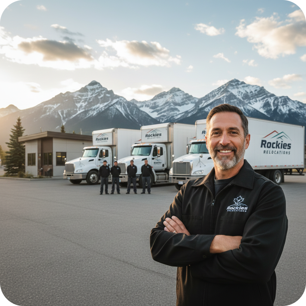 Moving company owner standing in front of his fleet of moving trucks and crew